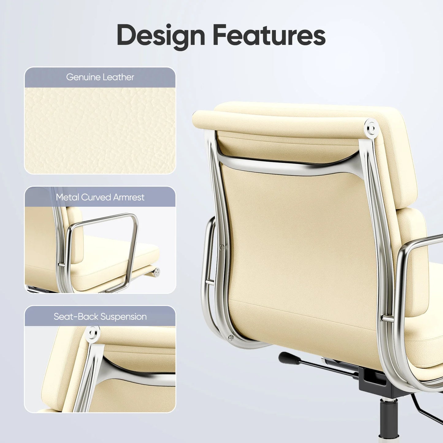 Mid Back White Soft Pad Office Chair Genuine Leather Executive Desk with Lumbar Support Ergonomic Computer Chair