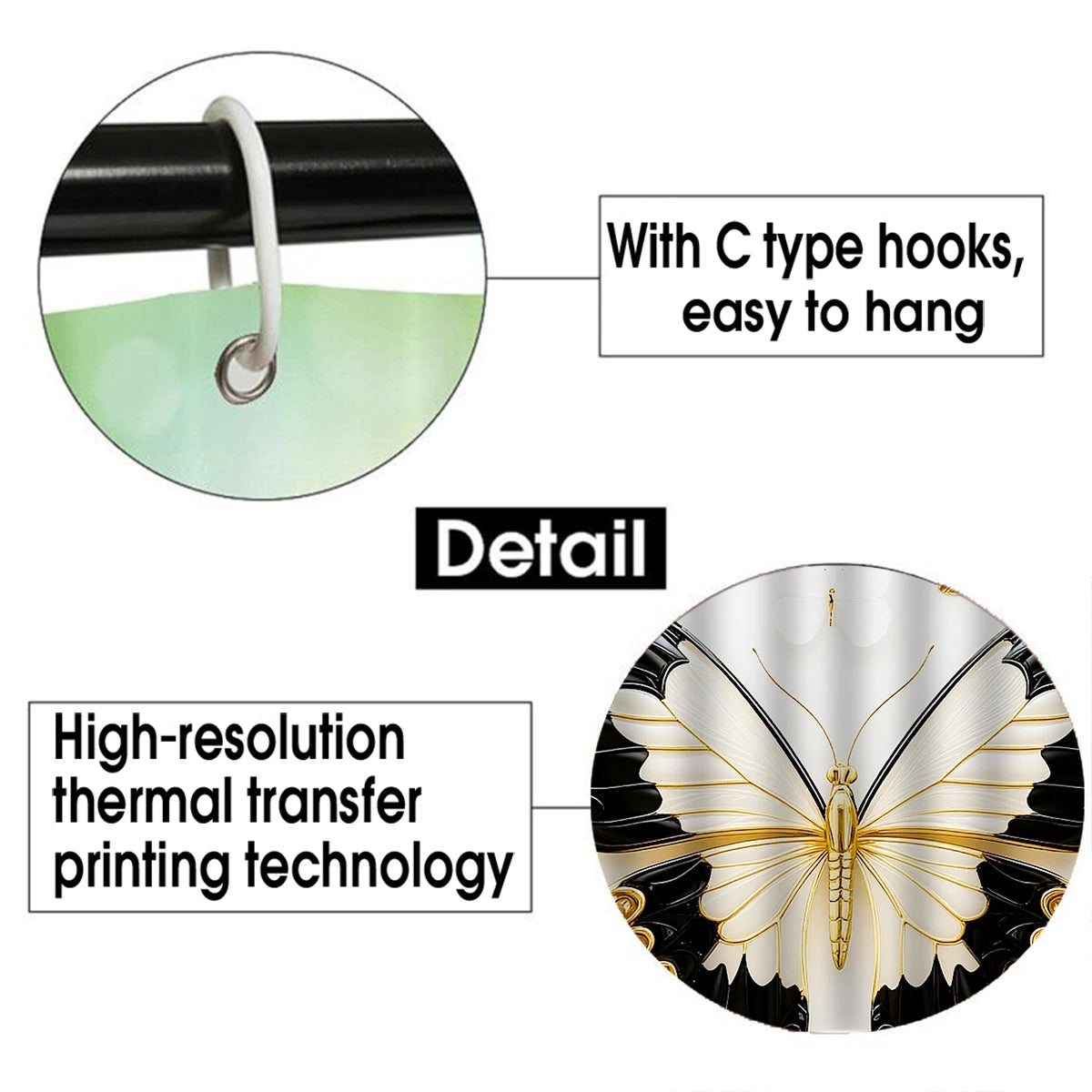 4Pcs Luxury Gold Butterfly Shower Curtain Set with Hooks, Elegant Black White Floral Print Waterproof Mildew Resistant Fabric Bath Mat for Family Bathroom Home Decor