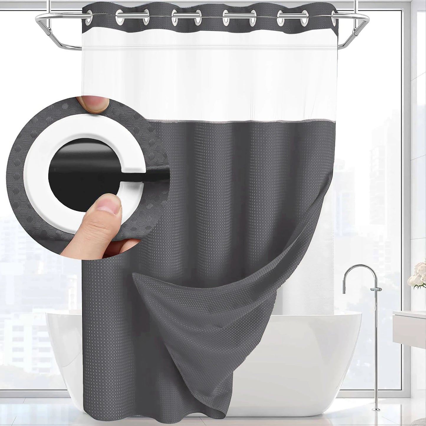 1PC Dotted Waffle Weave Shower Curtain Set Hotel Spa Grade Fabric 71x74 with Snap-In Liner No Hooks Required