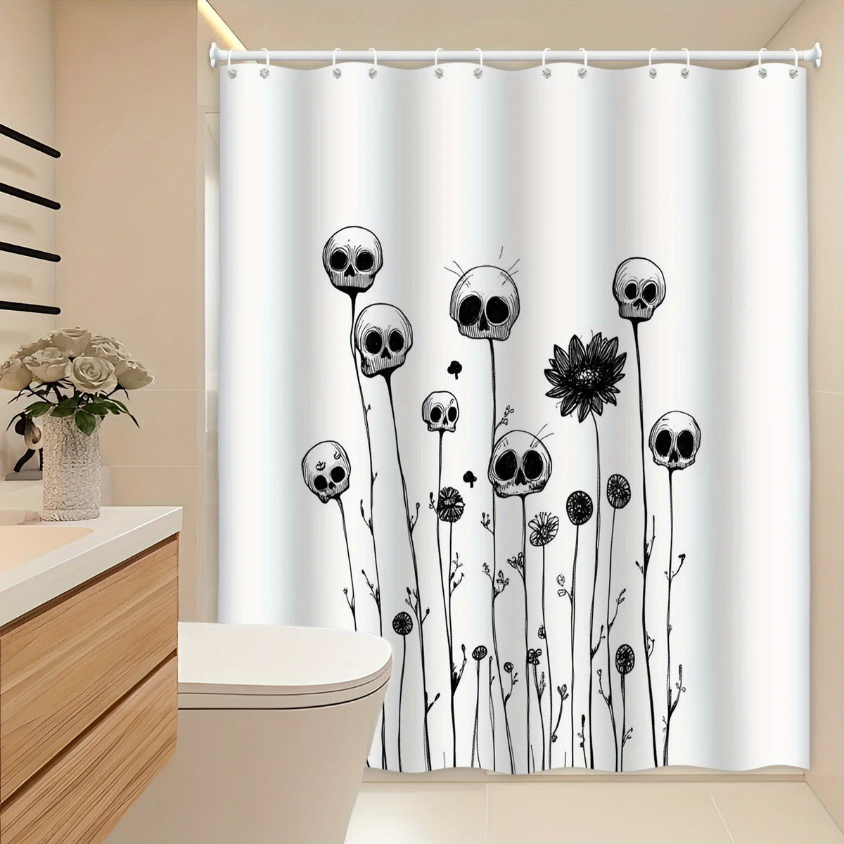 1pc Skull Floral Shower Curtain - Black & White Digital Art with Textured Petals, Horror Whimsical Surreal Nature Design, Machine Washable
