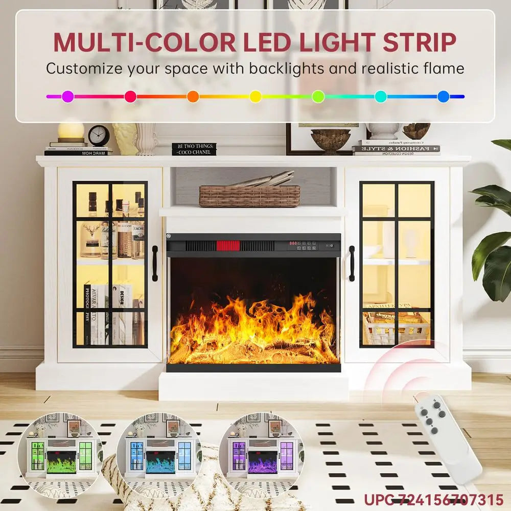 59 Fireplace TV Stand, 3 Sided Glass Media Entertainment Center Console Table for TVs up to 65 with Glass Door Adjustable Flame