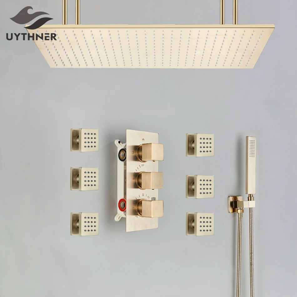 Bathroom Brushed Gold Thermostatic Shower Faucet Big Rainfall Head Ceiling Mounted Bathtub Mixer Tap Bath Shower Set System