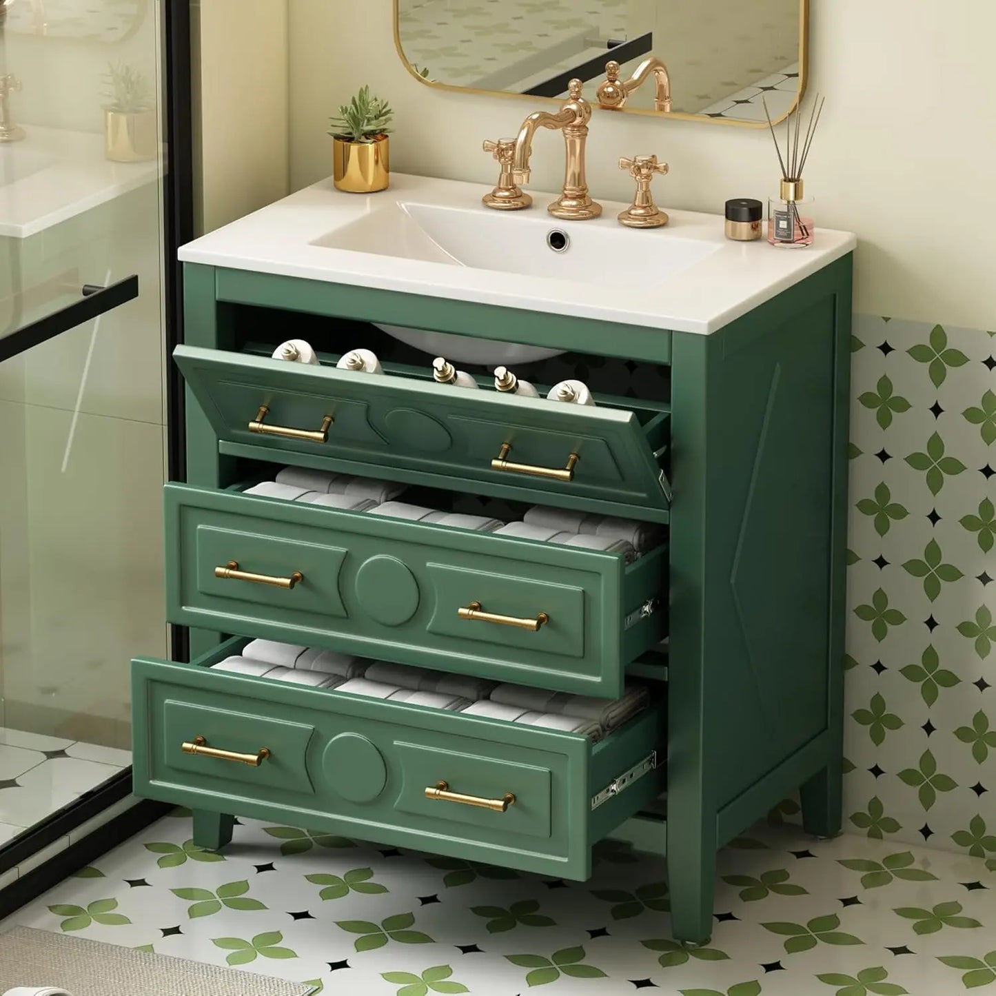 30in Solid Wood Bathroom Vanity Ceramic Sink Storage Cabinet Tip-Out & 2 Full-Extension Drawers Bath Powder Room Customized