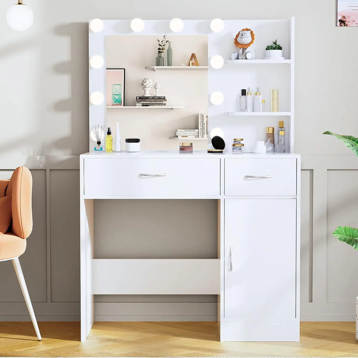 35.4" White Makeup Vanity Desk With Large Mirror & 10 Dimmable Hollywood Light Bulbs,Storage Cabinet, Customized