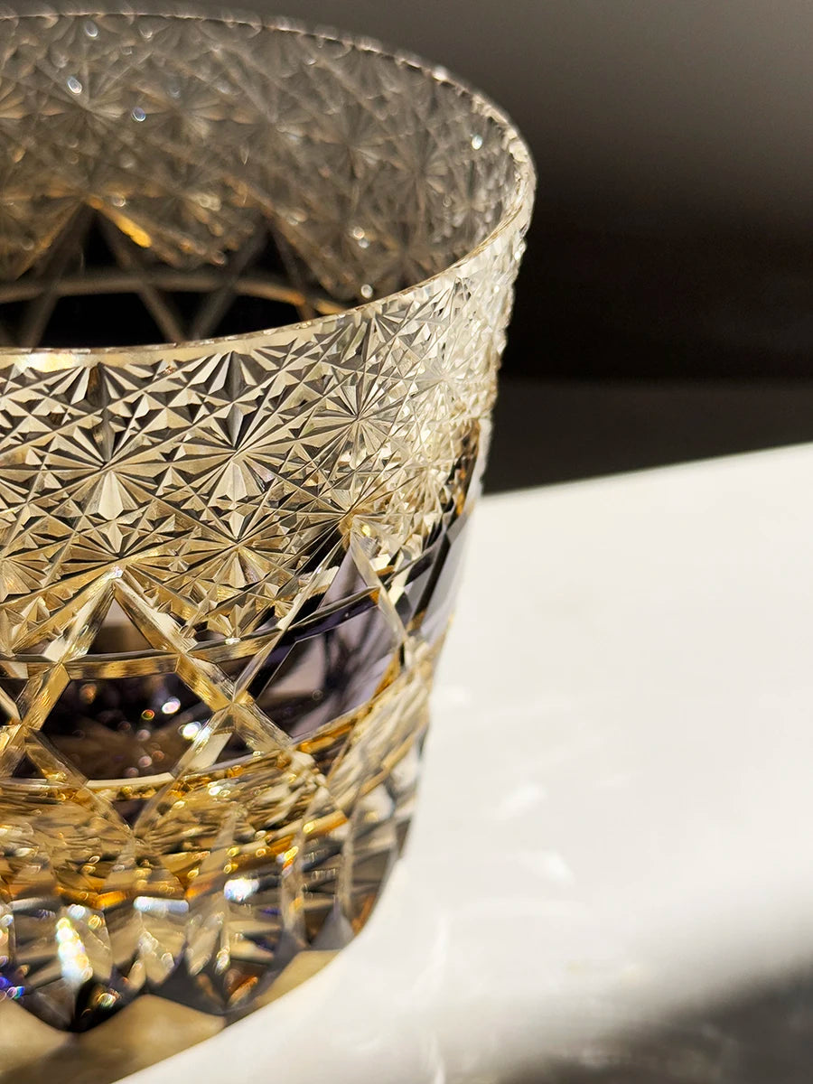 CHAMVIN'S Amethyst Edo Kiriko Hand-Engraved Whiskey Glass Crystal Tumbler Barware