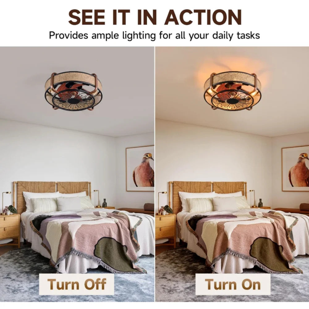 Retro Ironwork Ceiling Fan Light With Remote Control 6 Speeds Silent Ceiling Fan Lamp Bedroom Living Room Decoration Chandelier