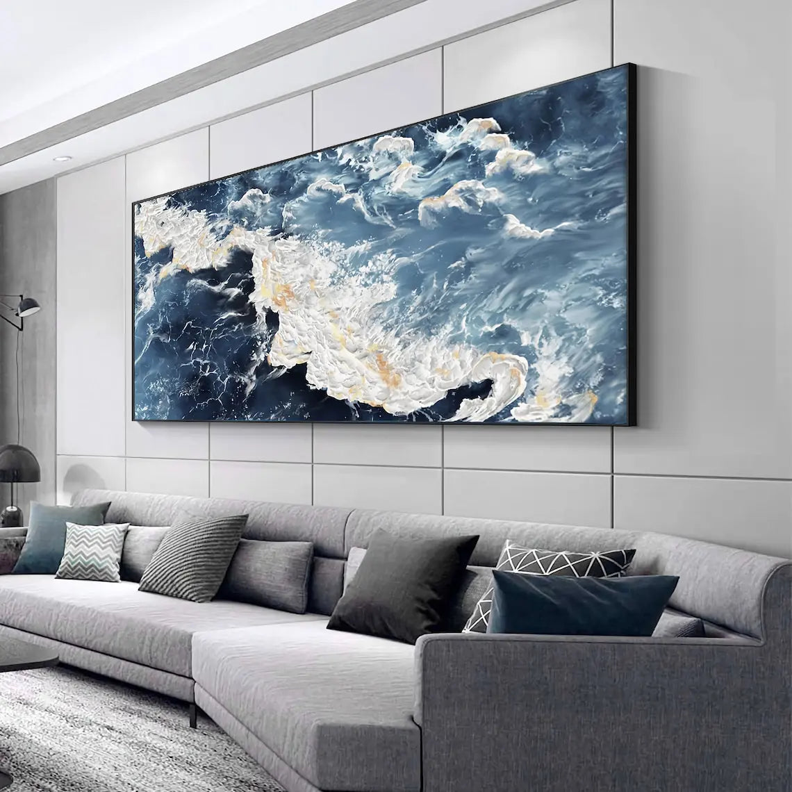 Large Sea Canvas Oil Painting Handmade Blue Sea Landscape Abstract White Wave Painting Textured Sea Painting Living Room Decor