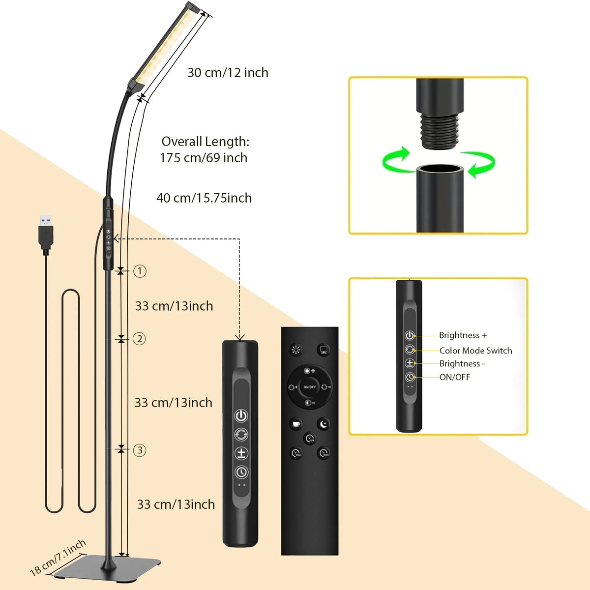 Living Room LED Floor Lamp 108 LEDs Standing Lamp  3 Color Mode Light Warm White 360°Adjustable Lights Flexible Gooseneck Dimmable USB Powered for BedRoom Reading Office
