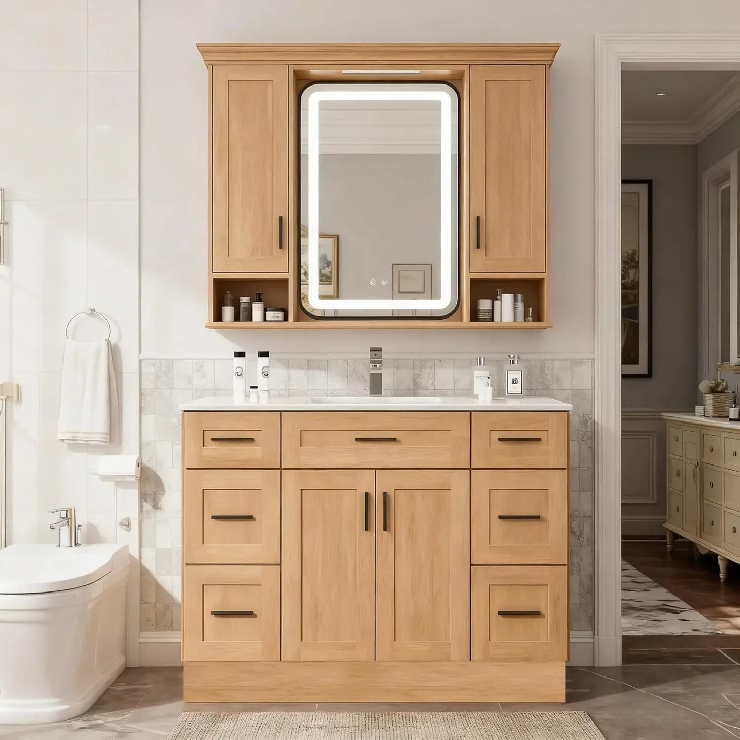 48-Inch Bathroom Vanity with Sink - High-End Bathroom Cabinet for Family Use, Solid Wood Construction, Ceramic Sink, Customized