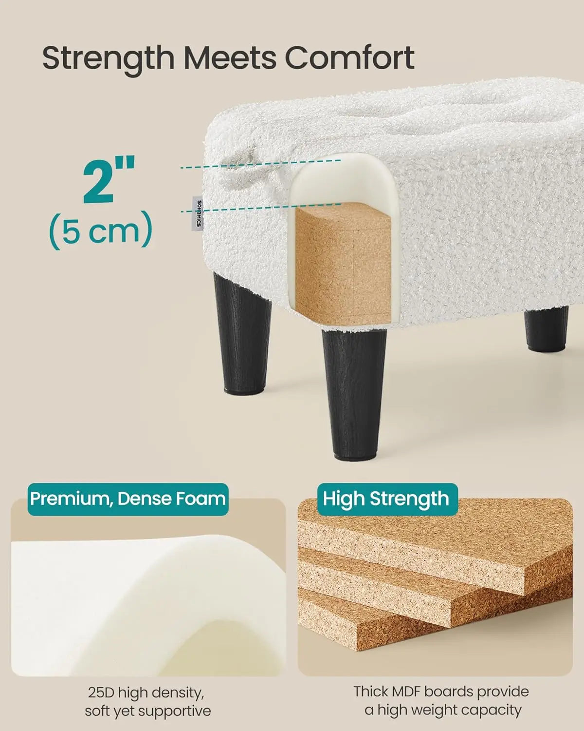 Teddy Fleece Foot Stool Ottoman with Thick Cushion, 330 lb Capacity, Cream White and Ink Black