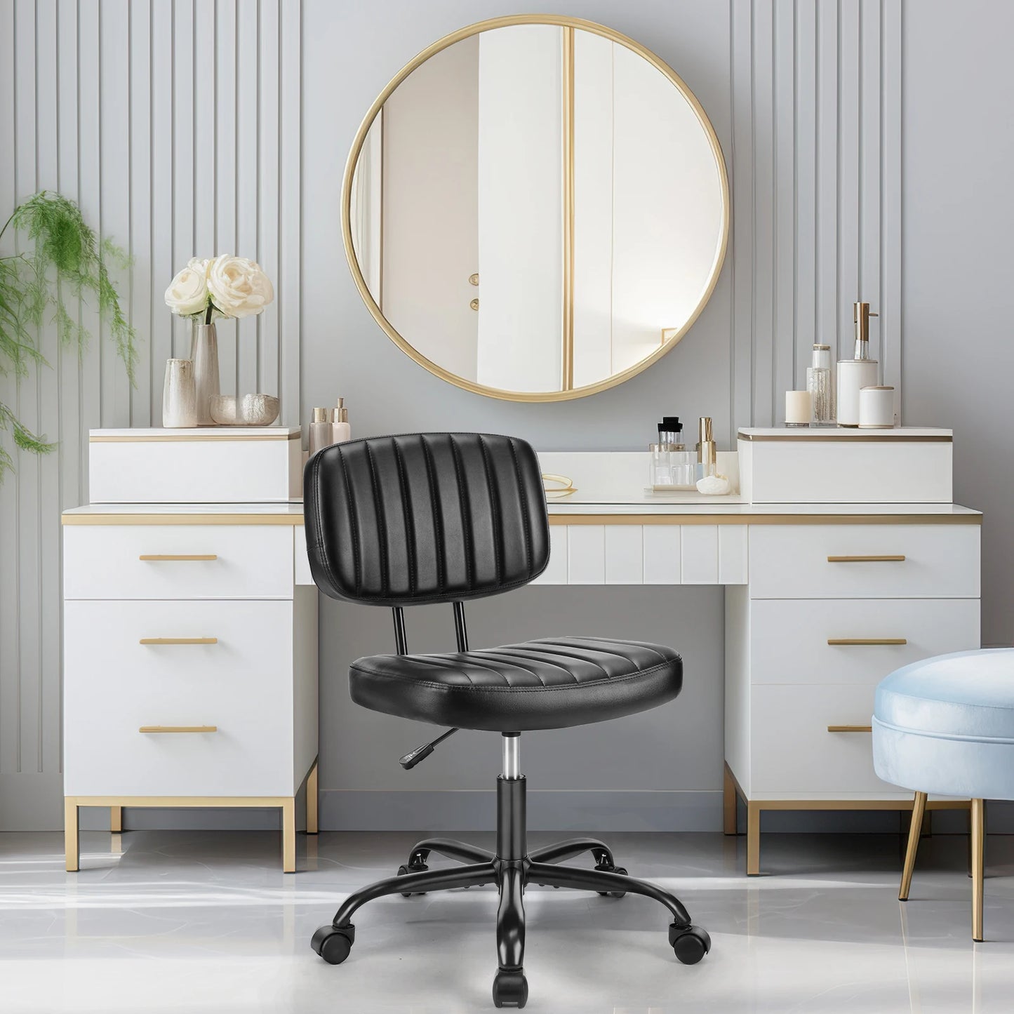 JHK Armless Office Desk Chair Back Lumbar Support Height Adjustable PU Leather Computer Chair with 360° Swivel Rolling Wheels
