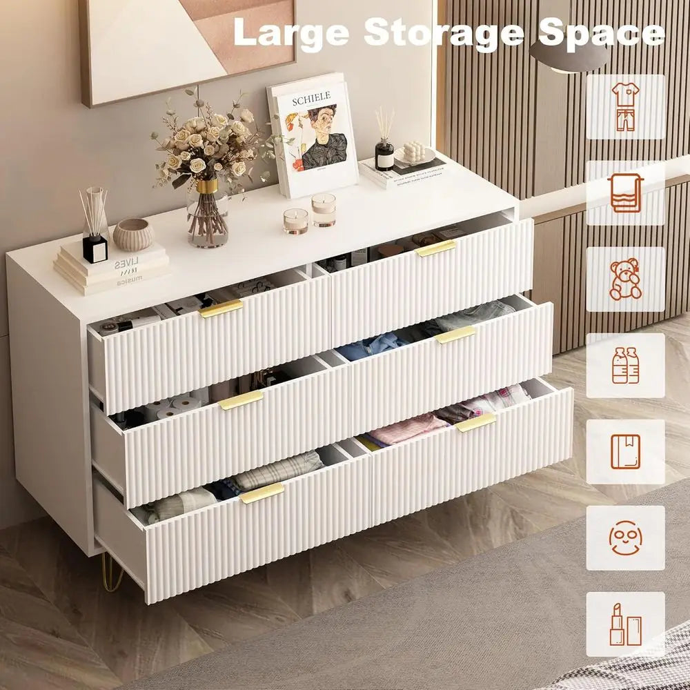 White 6-Drawer Wooden Dresser for Bedroom, Living Room, Hallway, and Entryway