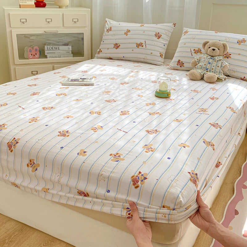 2025 New Bed Hat Print Cartoon Water Clouds Cotton Bedspread Student Mattress Cover Skin Friendly Full Wrap with Elastic Sheet