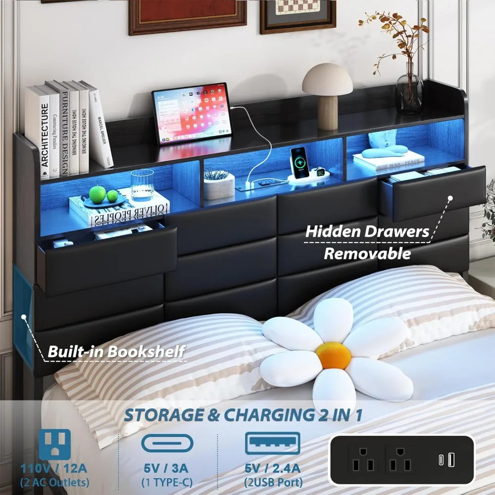 Full Bed Frame with Storage Headboard, Upholstered Black Bed Frame with 4 Drawers, LED Lights, and Charging, Customized