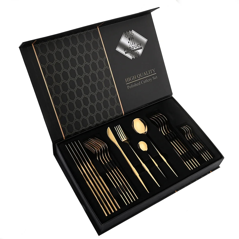 24Pcs Tableware Sets Stainless Steel Cutlery Spoon Fork Knife Mirror Dinnerware Kitchen Western Silverware Gift Box Set Flatware