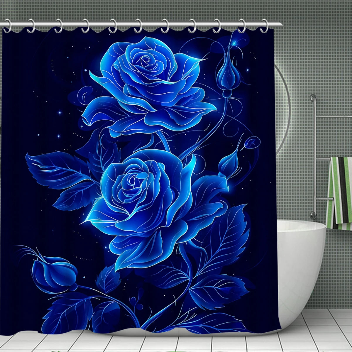 4Pcs Glowing Blue Rose Shower Curtain Set with Hooks, Neon Floral Starry Night Print Waterproof Mildew Resistant Fabric Bath Mat for Family Bathroom Home Decor