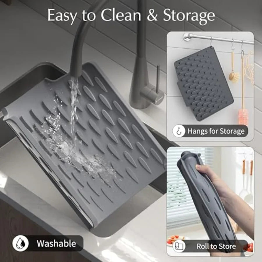 Silicone Dish Drying Mat for Kitchen Counter or Sink with Built-in Drain Lip, Non-Slip Quick Drying Mat, Easy to Clean, Heat Re