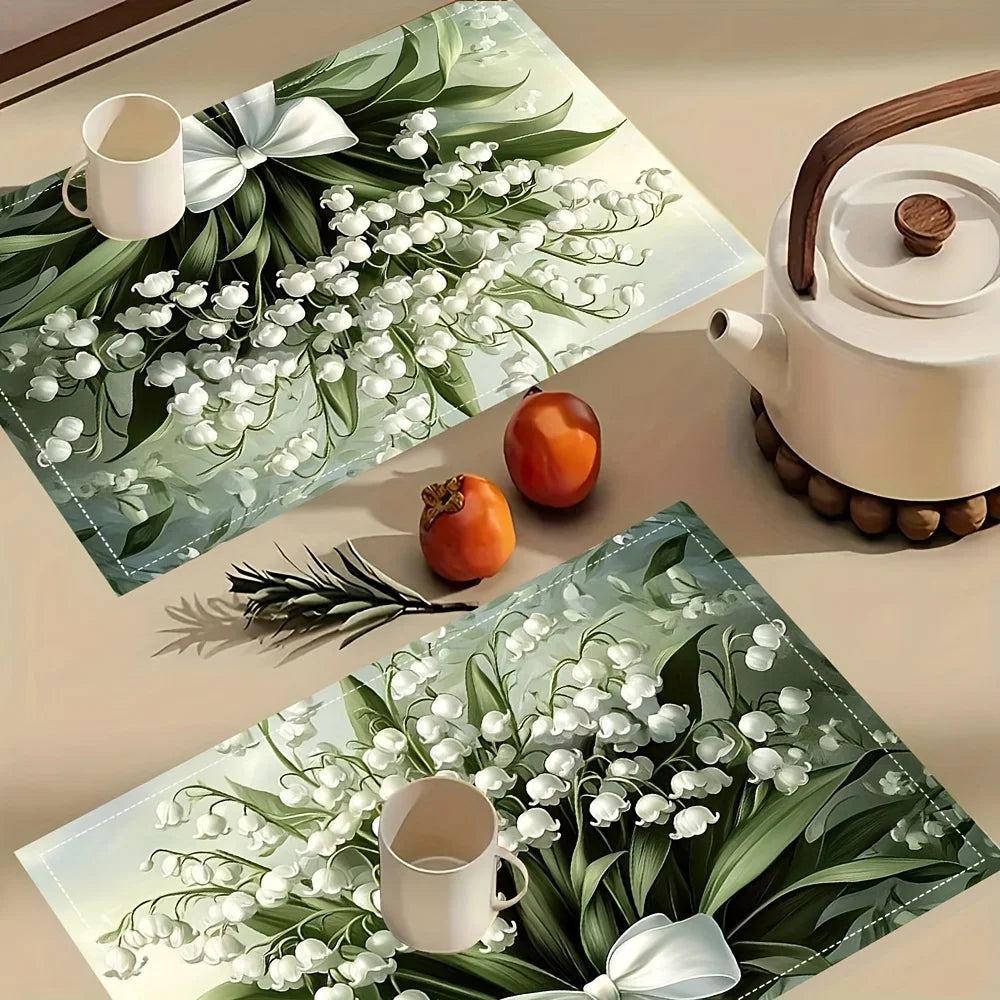 Single-Sided Printing Table Mats 12X18 Inch, Only a Plane Print, Lily-Of-The-Valley Bouquet with White Ribbons, Soft Lighting