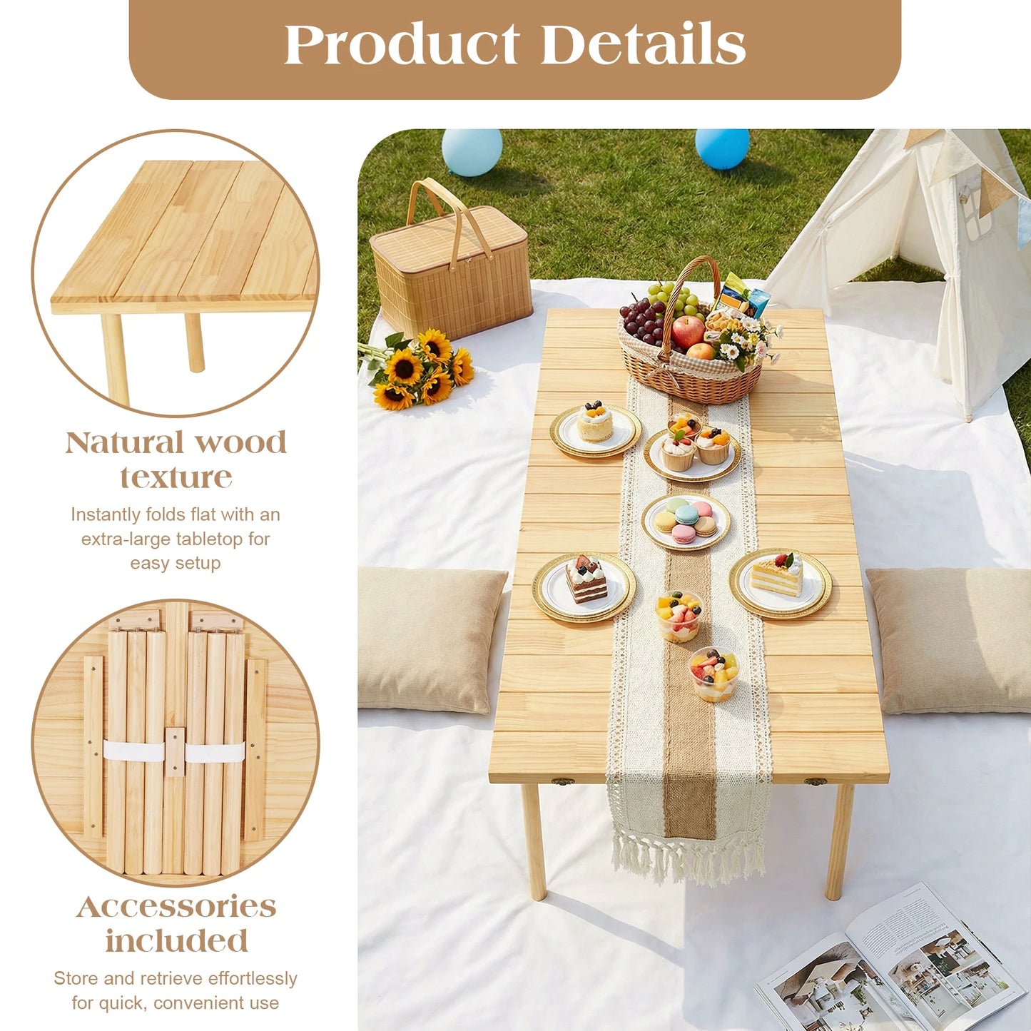 Foldable Camping Table 60 Lx30 W Inch Portable Boho Low Picnic Table with Runner for Outdoor Beach Backyards BBQ and Party