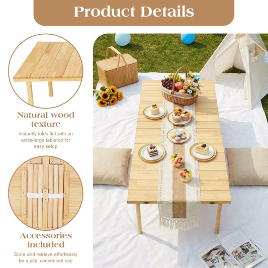 Foldable Camping Table 60 Lx30 W Inch Portable Boho Low Picnic Table with Runner for Outdoor Beach Backyards BBQ and Party