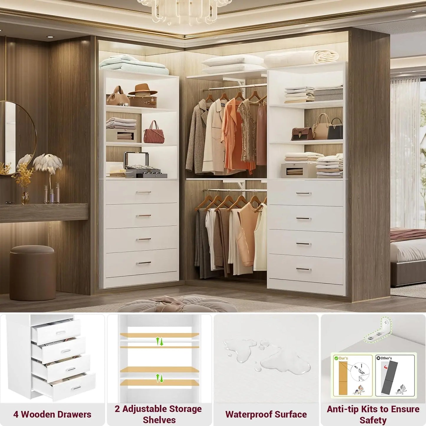 21.3" Wood Closet Organizer System with 4 Drawers Modular Walk-in Wardrobe Storage Unit Small Tall Cabinet, Customized