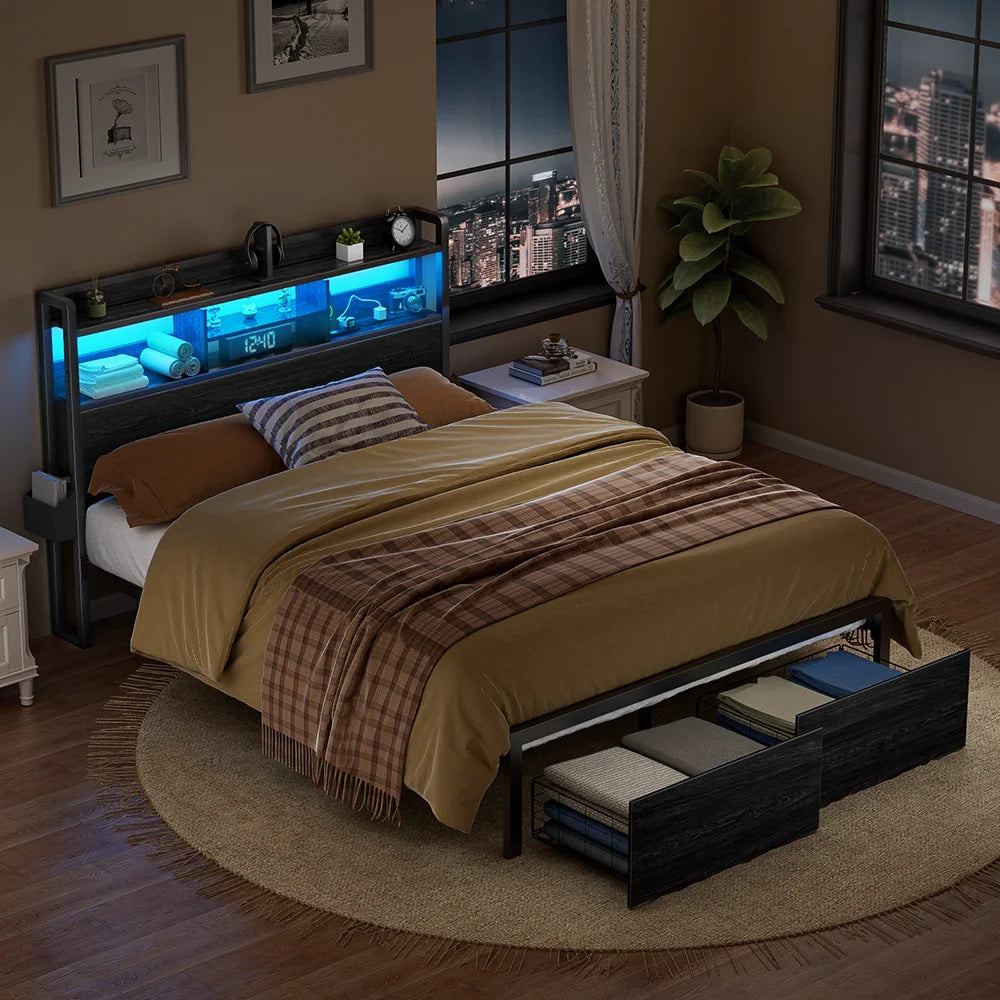 Full/Queen Size Bed Frame with Storage Headboard, Metal Platform Bed Frame with Storage Drawers, LED Lights and Charging Station
