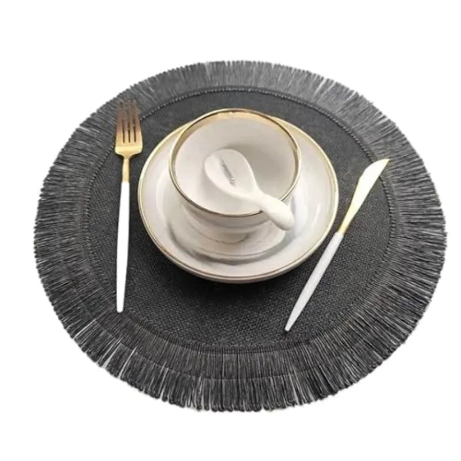 6pcs Round Braided Placemats Fringe Paper Table Mats Hand Woven Non-Slip Insulation Place Mats Tea Cup Pad Dining Table Decorat