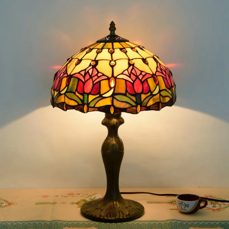 30CM American Tulip Table Lamp Tiffany Style Stained Glass Welding Art Gift Living Room Feeding Night Light Rustic 110V 220V