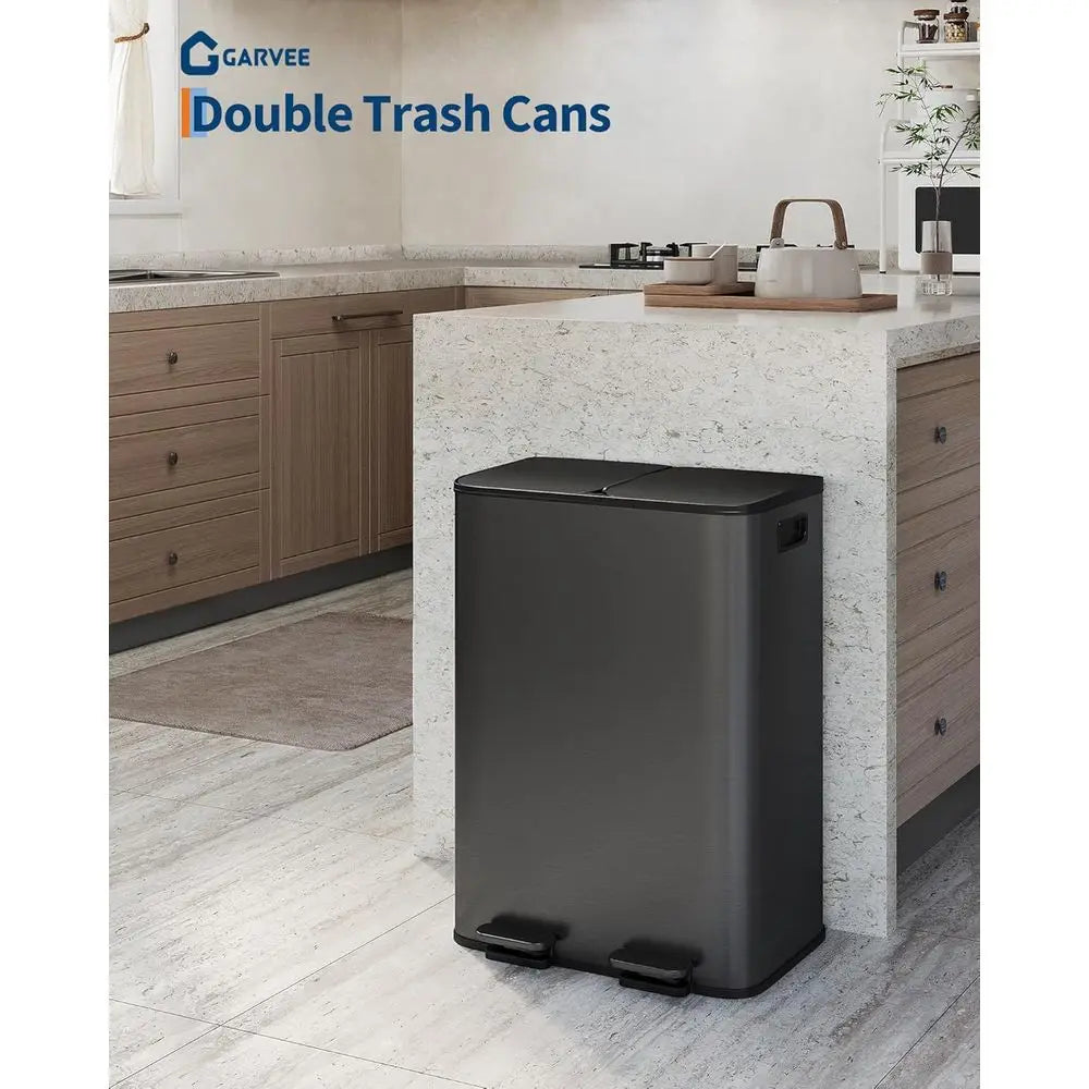 Double Trash Can, 2 x 8 gal (2 x 30 L) Garbage Can or Kitchen Dual Compartment Recycling Kitchen Step Trash Bin, Stainless Steel Trash Can.