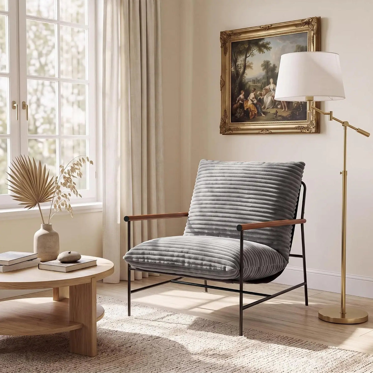 Oversized Accent Chair for Living Room, Deep Seat Corduroy Lounge Reading Chair With Wood Arms, Metal Frame For Bedroom Apartment
