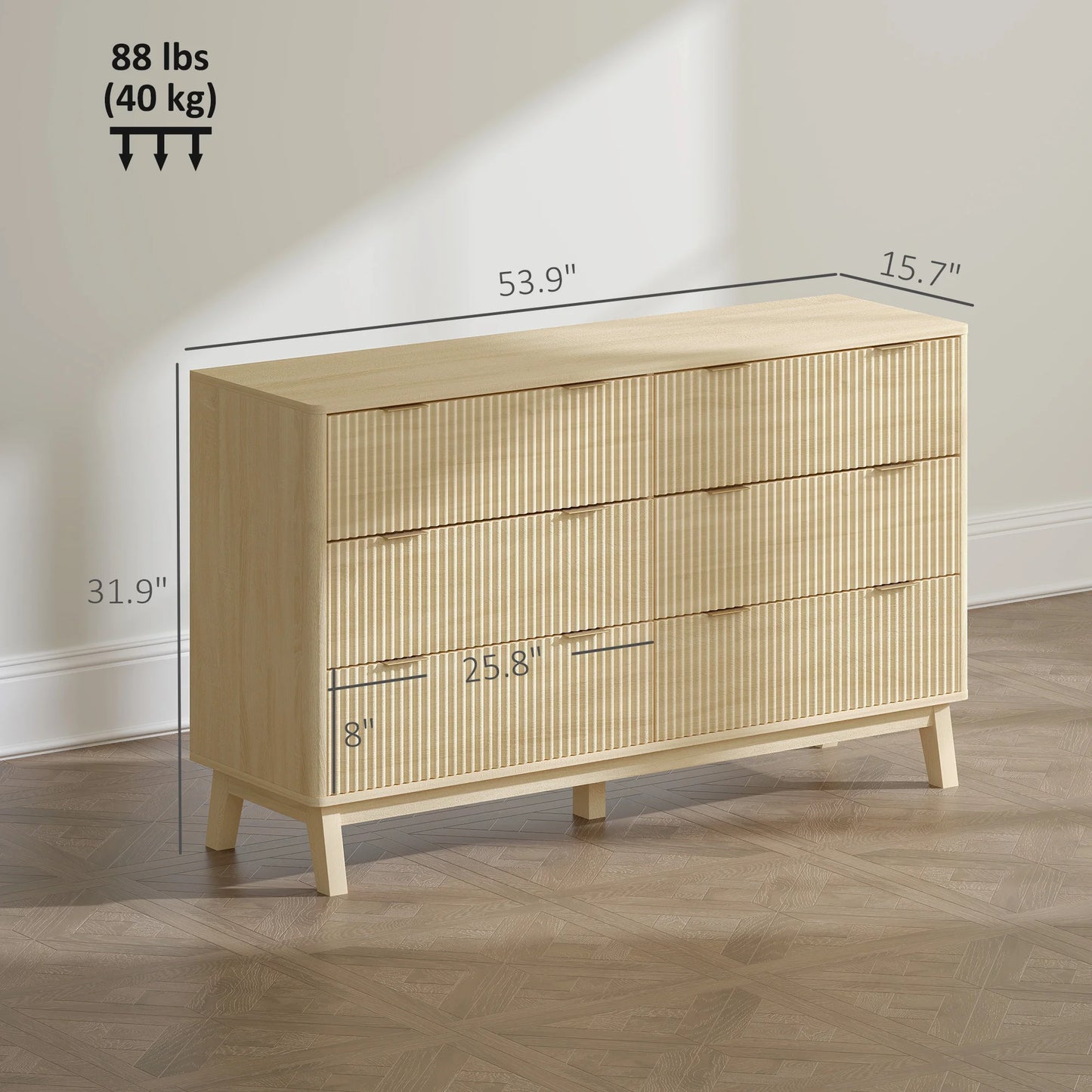 Fluted Dresser for Bedroom with 6 Drawers, 54" Wide Chest of Drawers with Gold Finger Pulls and 5 Wood Legs, Natural Wood