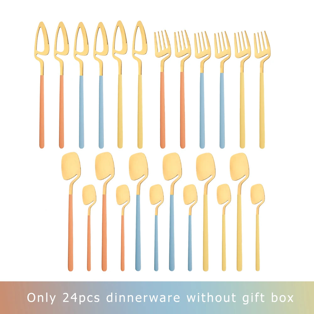 24Pcs Black Dinnerware Set 18/10 Stainless Steel Tableware Set Fork Knife Spoon Cutlery Set Gift Box Flatware Dishwasher Safe