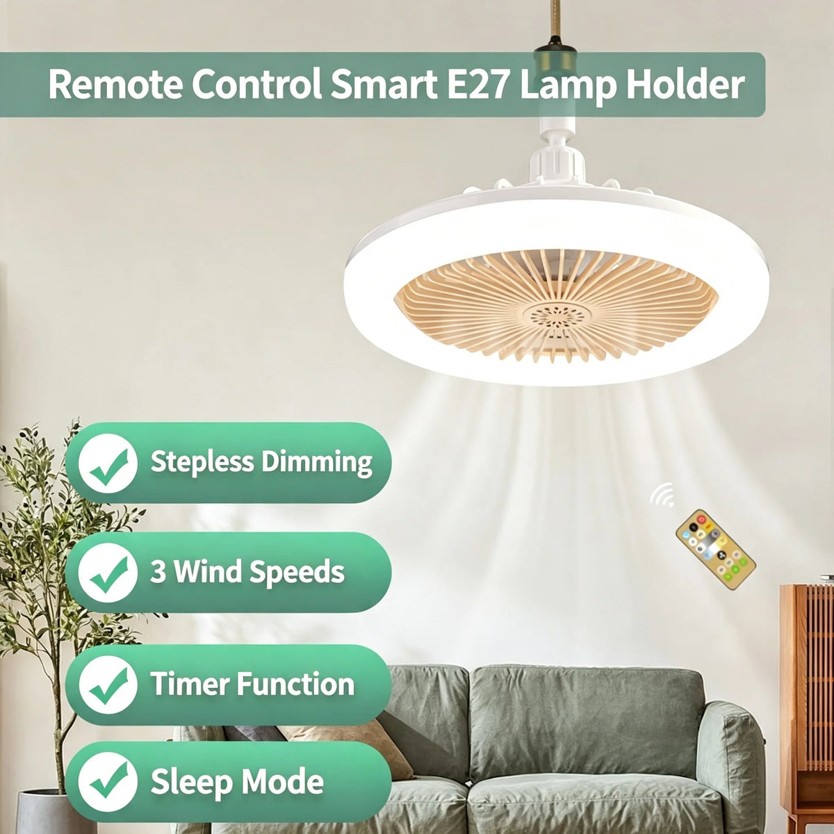 3in1 Rotatable Ceiling Fan with Remote Control E27 Converter Base for Bedroom And Living Room Lighting And Ventilation System