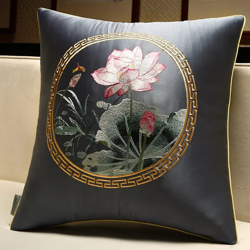 New Chinese Style Embroidered Bird Cushion Cover Living Room Sofa Waist Pillow Luxurious Classical Bed Head Silk Pillowcase