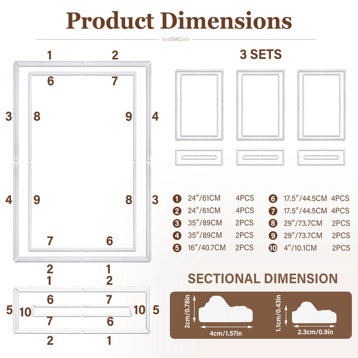 Wall Molding Kit Inner and Outer Layer Double Frame Style 3 Sets Pre-Cut Wainscoting Panels, Peel and Stick Self-Adhesive Accent Wall Trim, Ready-to-Assemble Wall Decor for Living Room Bedroom Office Apartment Dorm