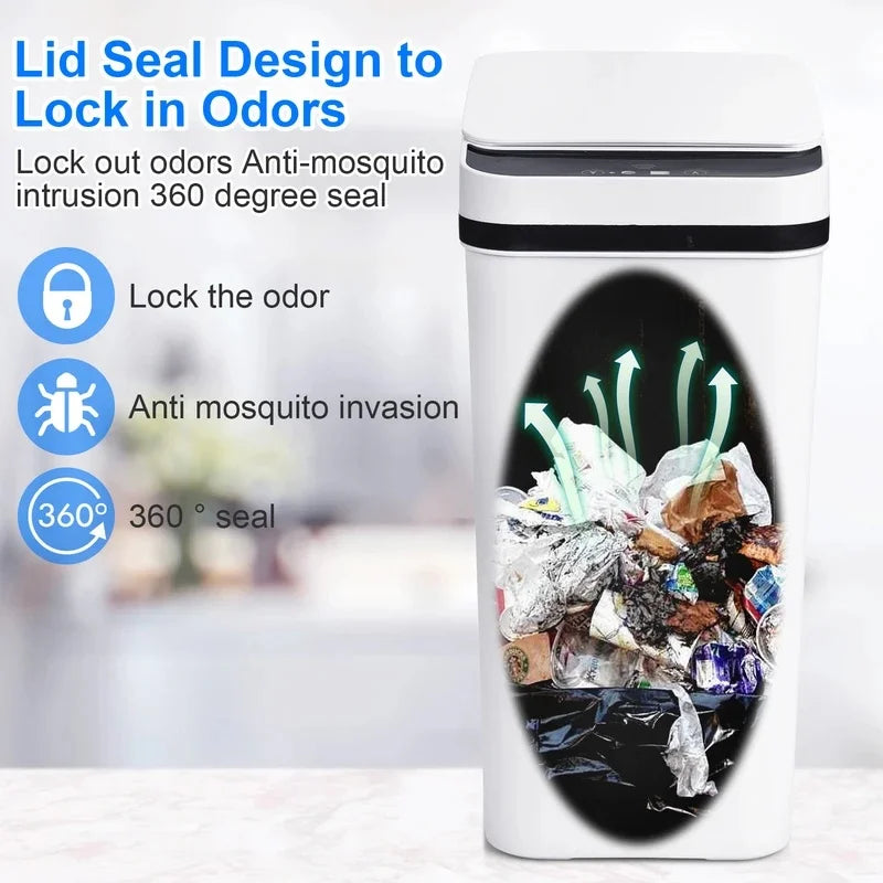 14L Bathroom Automatic Trash Cans Touchless Motion Sensor Slim with Lid for Bathroom Bedroom Living Room Office White