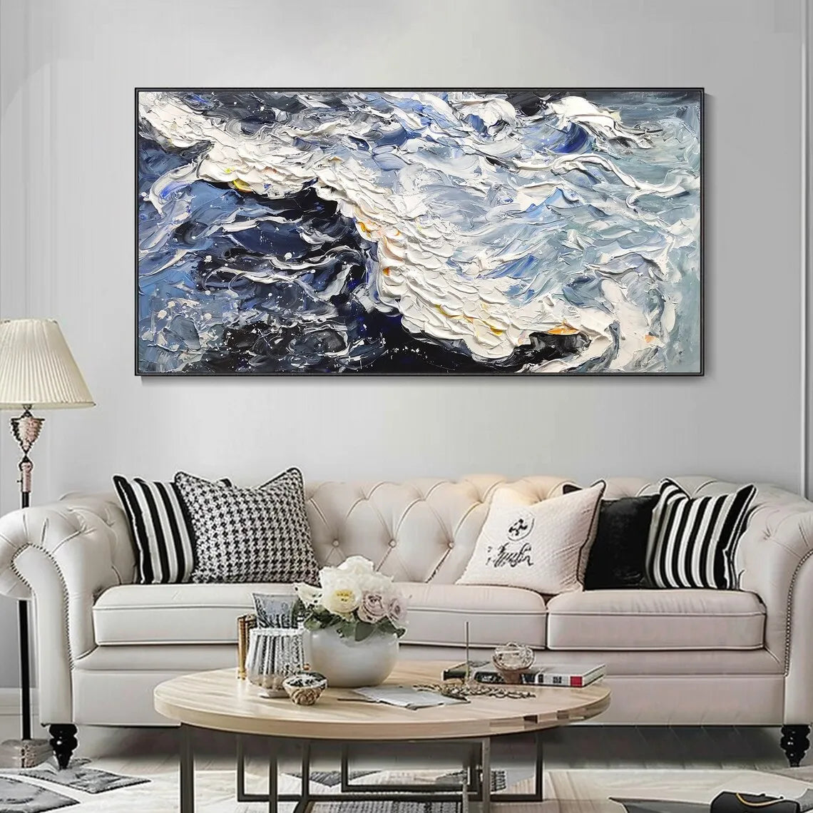 Large Sea Canvas Oil Painting Handmade Blue Sea Landscape Abstract White Wave Painting Textured Sea Painting Living Room Decor