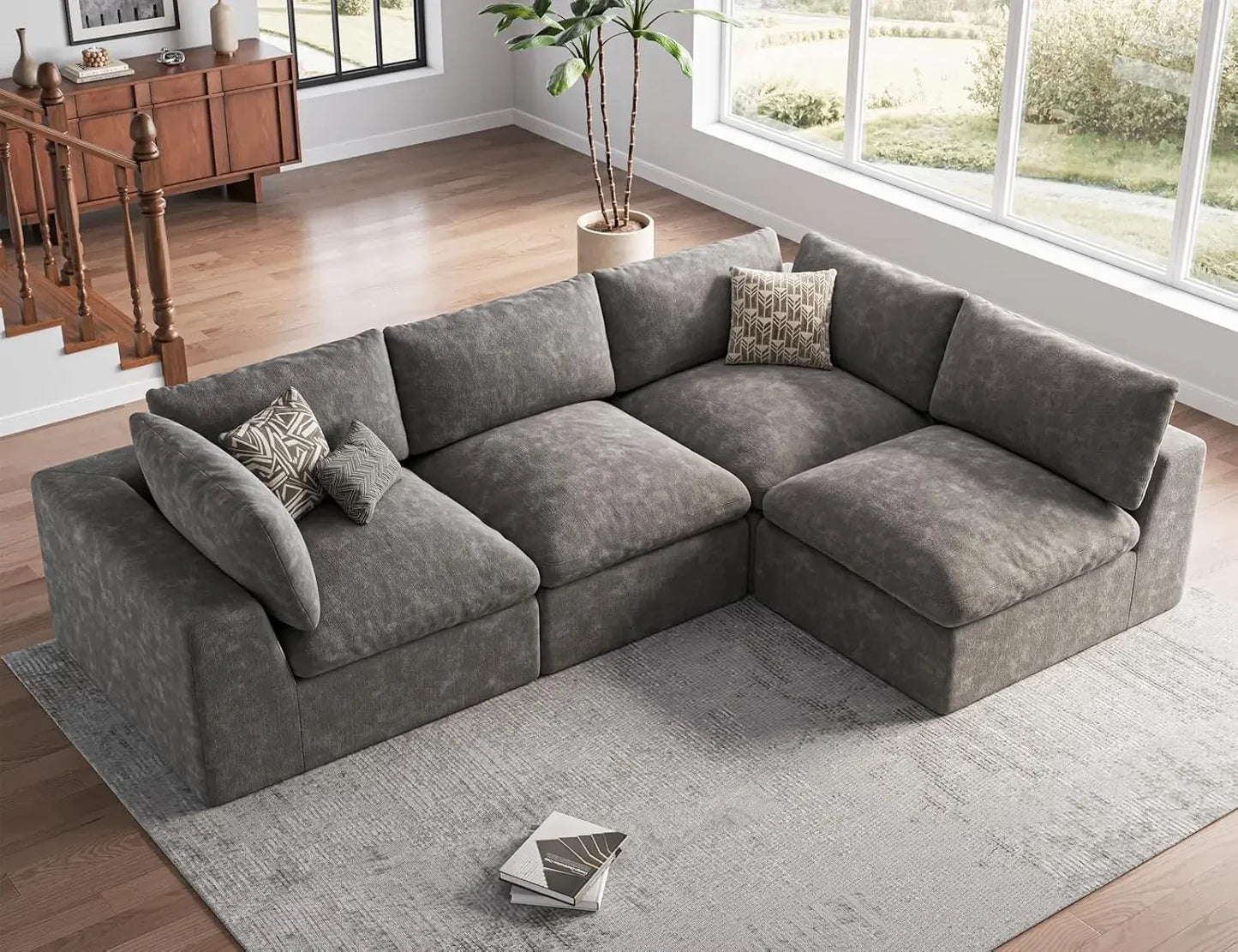 120" Cloud Sectional Couch | Oversize Boneless Couches for Living Room | 4 Seater Modern L-Shape Sofa | Drak Grey, Customized