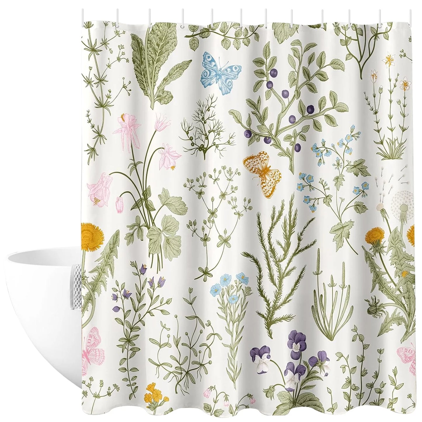 Botanical Leaf Shower Curtain Polyester Bathroom Curtain with Butterfly Floral Print and Hooks Window Decor