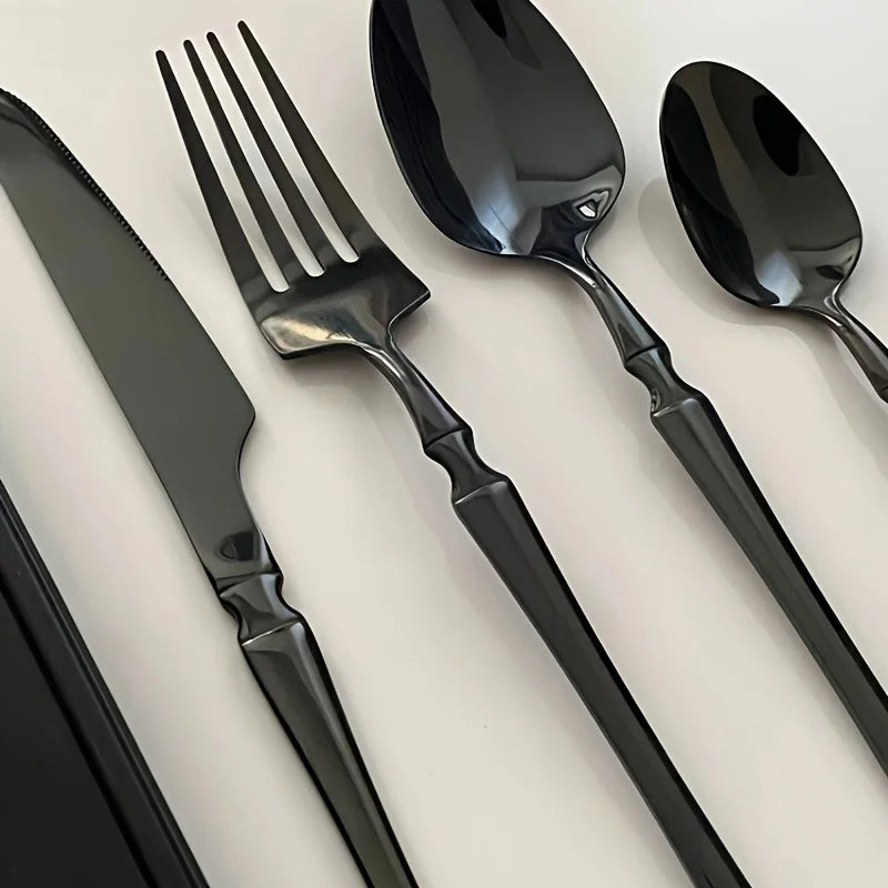 40/60-Piece Black Stainless Steel Cutlery Set, Mirror Polished, Including Dinner Forks, Steak Knives, and Soup Spoons, Suitable