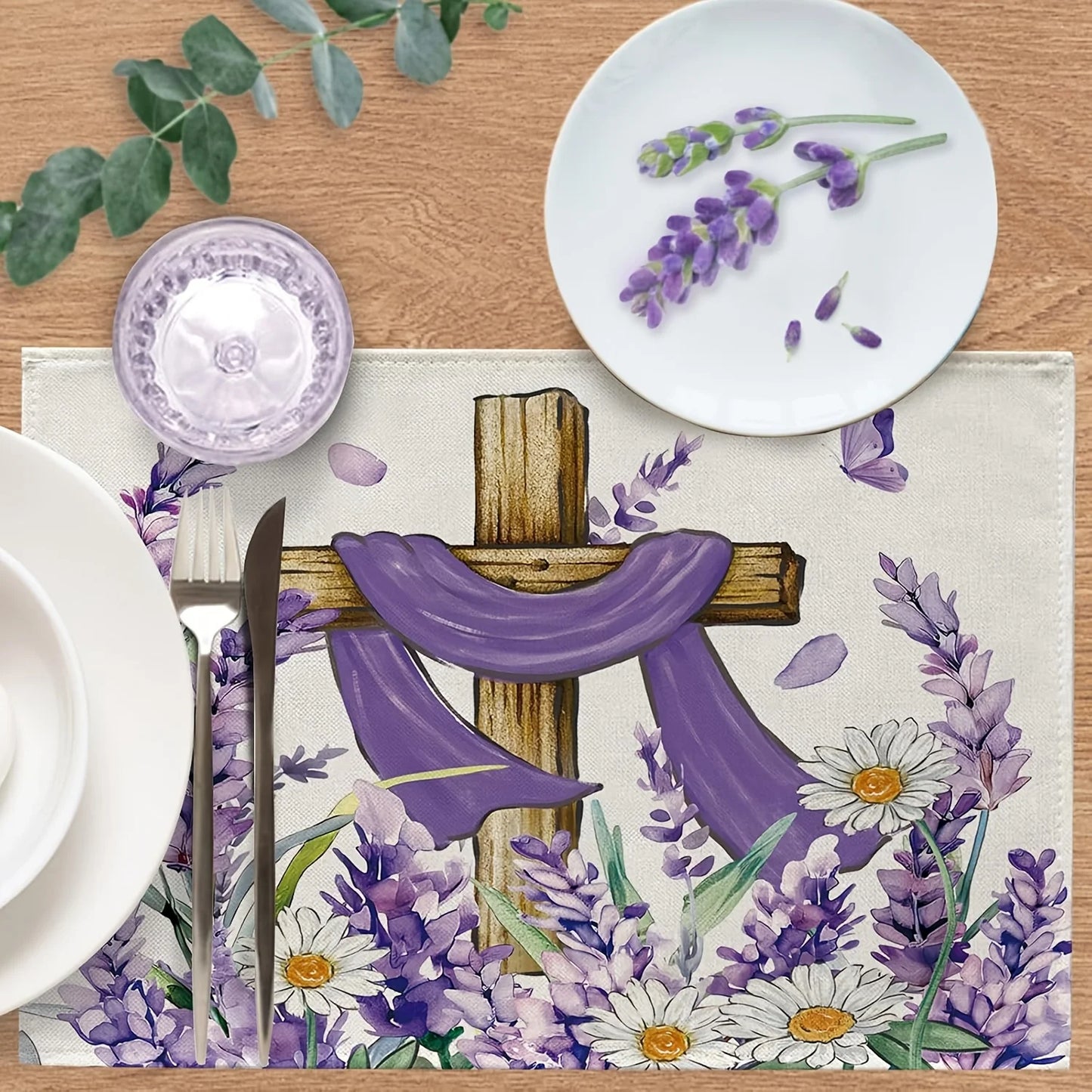 4pcs, Placemats, Easter Religious Cross Flower Pattern Table Mats Set, Spring Summer Lavender Daisy Floral Faith Christian Dining
