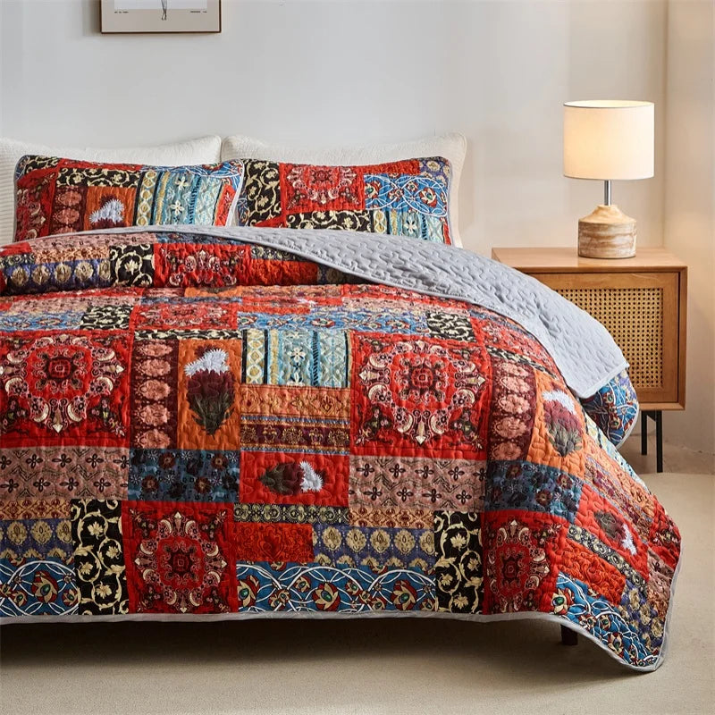 US Queen Quilted Bed Cover Set US size Floral Bedspread Set with Pillowcase Patchwork Quilt 229*229cm