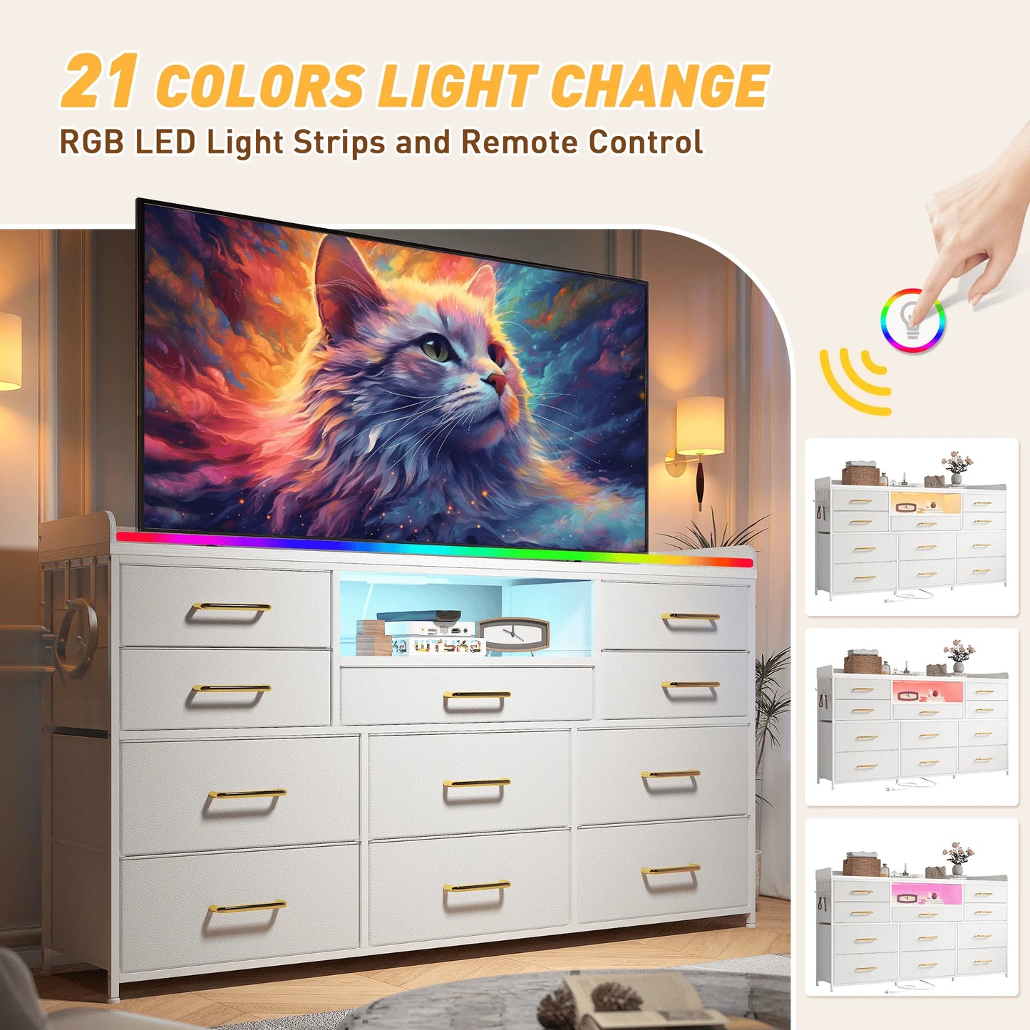 60" TV Stand with 11 Drawers – LED Lighting, Power Outlets, White Dresser with Shelves & 5 Hooks – For Bedroom, Dorm, Hallway