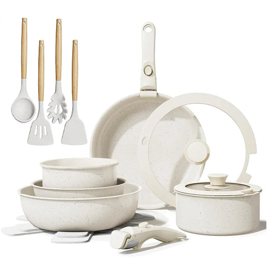 Non-stick pan, 17-piece frying pan set, suitable for induction cooktops and open flames, frying pan set, long-lasting non-stick, scratch-resistant surface, dishwasher safe, creamy white, can be given as a gift