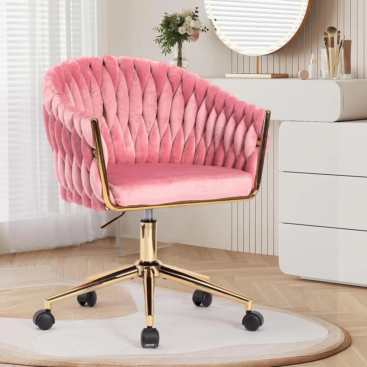 Cute Fabric Rolling Chair Vanity Office Desk Chair with Back Wheel Pink, Customized