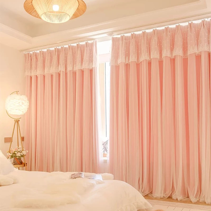 2pcs girls double princess style French pink curtain bedroom ins wind blackout new living room dream curtain