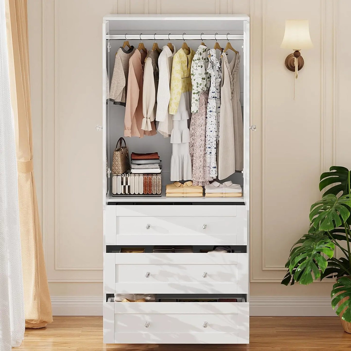 Armoire Wardrobe Closet with Drawers and Mirror, 71" Clothing Storage Cabinet with Hanging Rod, 2 Doors Wooden, Customized