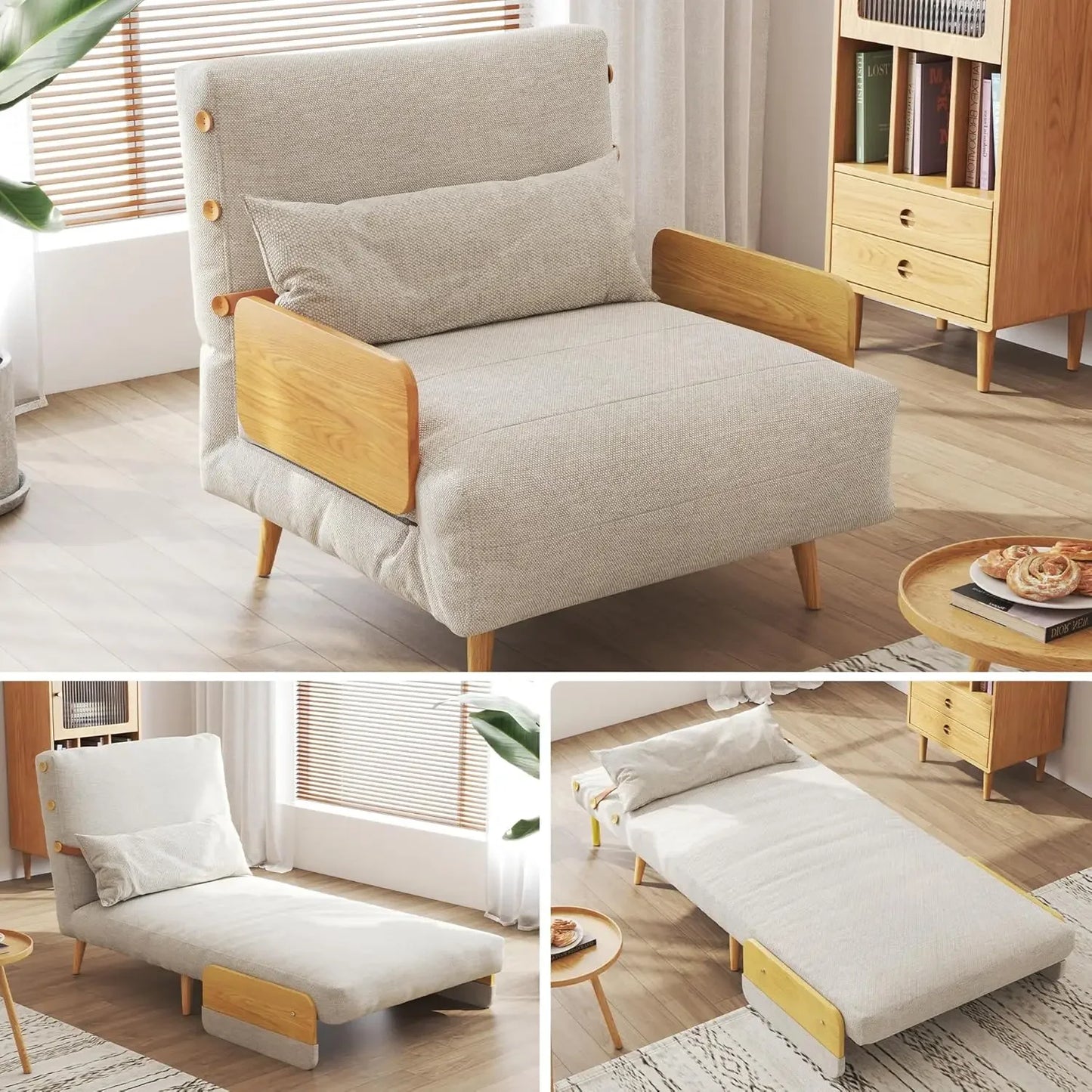 Linen 3-in-1 Convertible Chair Bed Sleeper for Adults Foldable Single Futon with Wooden Arms And Pillows - Comfortable, Customized