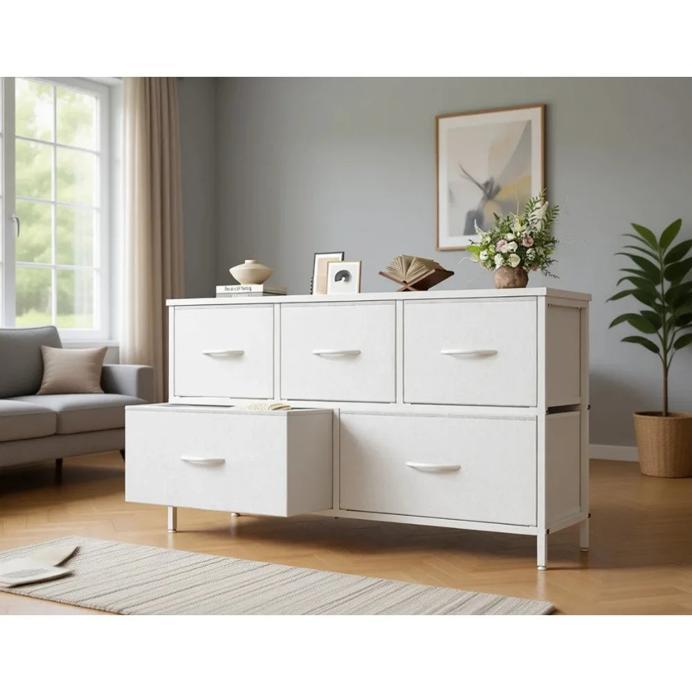 Wide White Bedroom Dresser with 5 Drawers for Clothes Storage and Fabric Bins