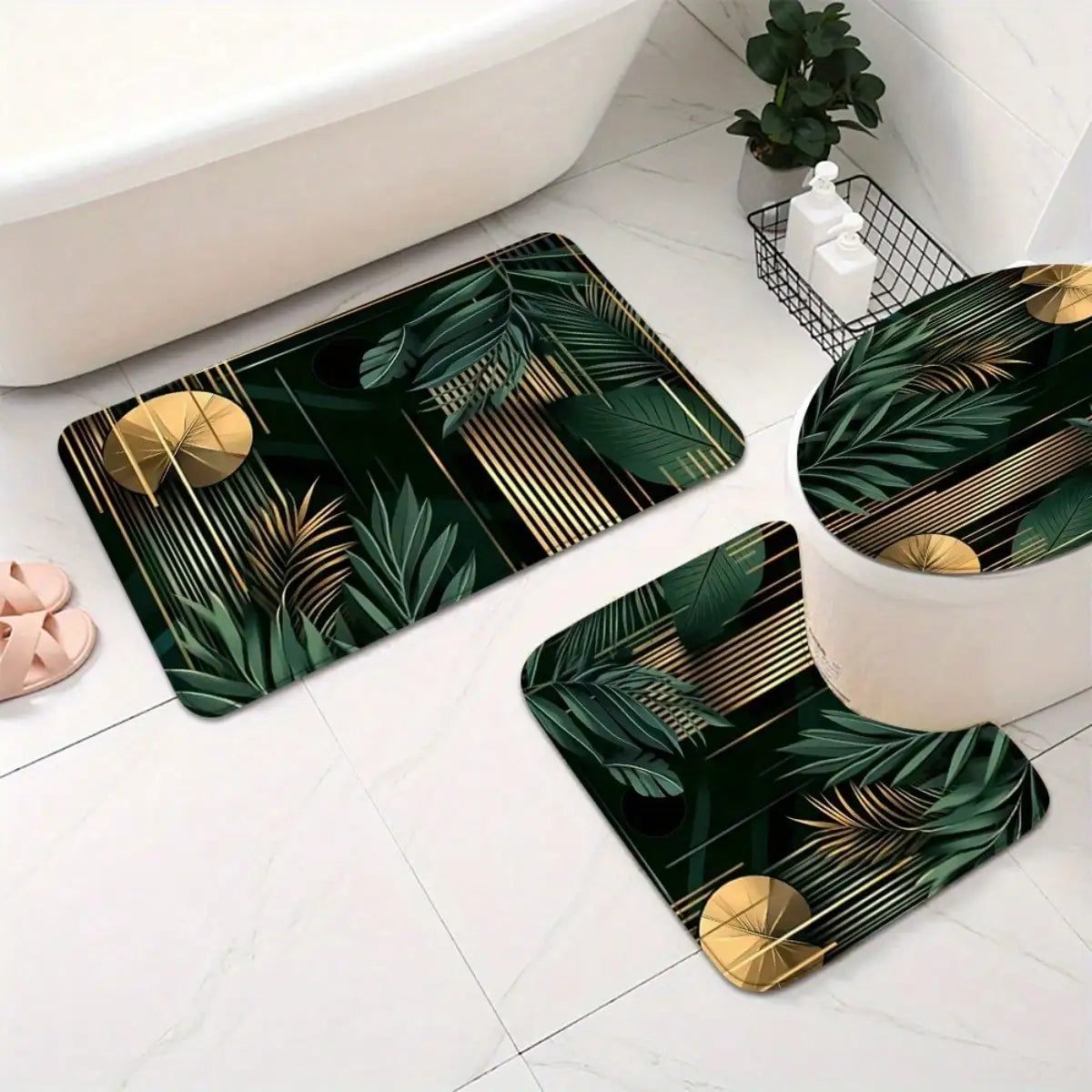 1/3/4pcs, Bohemian Style 2D FLAT Shower Curtain Set with Matching Bath Rugs - Tropical Leaf Design for Modern Bathroom Decor